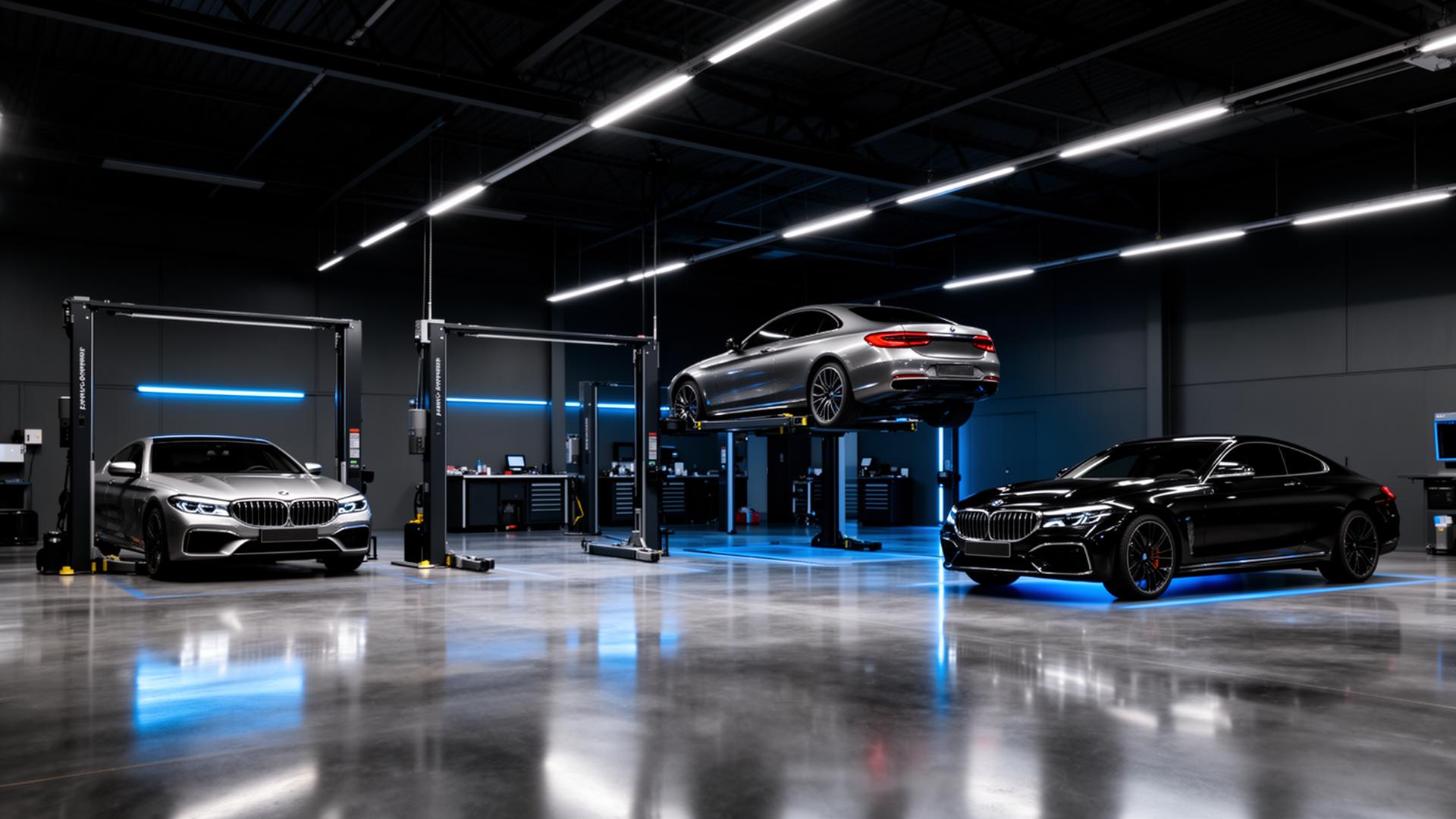 Moderne Kfz-Werkstatt mit Premium-Fahrzeugen